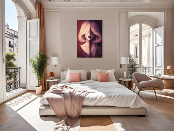 Large Modern Abstract Portrait – Split Face Woman in Plum and Caramel Tones - #18L