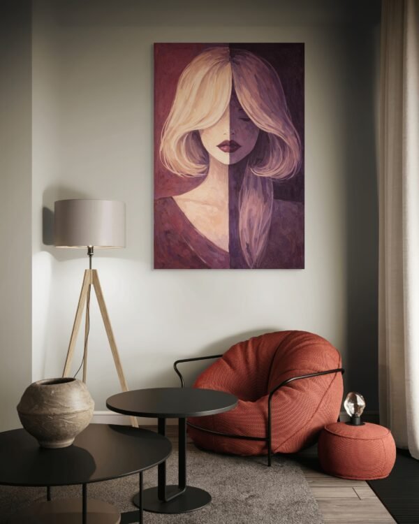 Large Modern Abstract Portrait – Split Face Woman in Plum and Caramel Tones - #18L