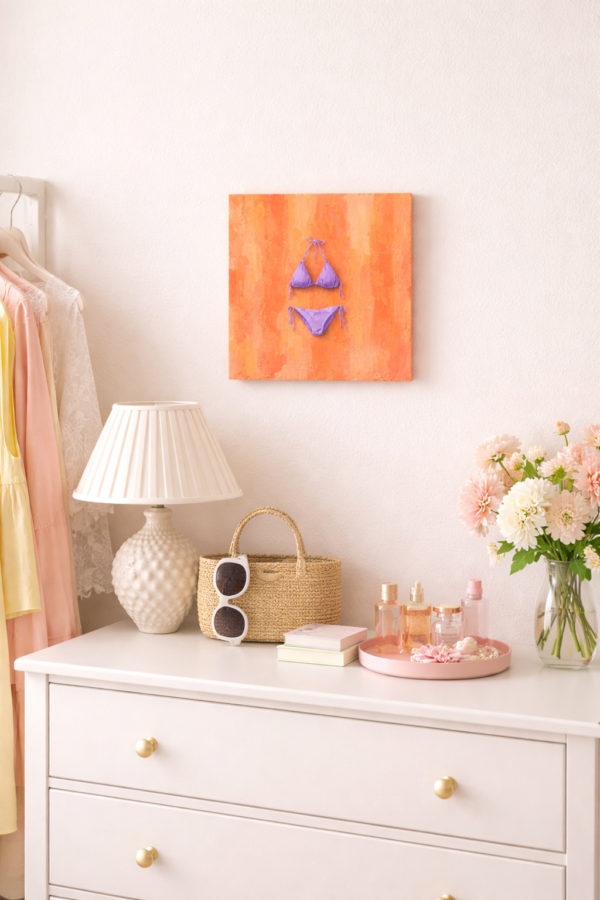 purple bikini scene 1 Pastel Pop Art Summer Bikini Wall Art – Coral Textured Canvas for Gen Z Teen Bedroom - #11E