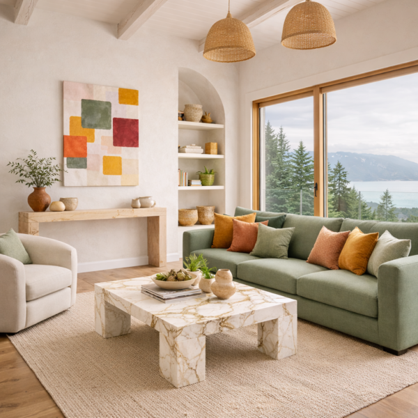 quadri west coat Modern Abstract Square Wall Art – Colorful Textured Canvas in Ochre, Coral, Sage and Blush - 25"