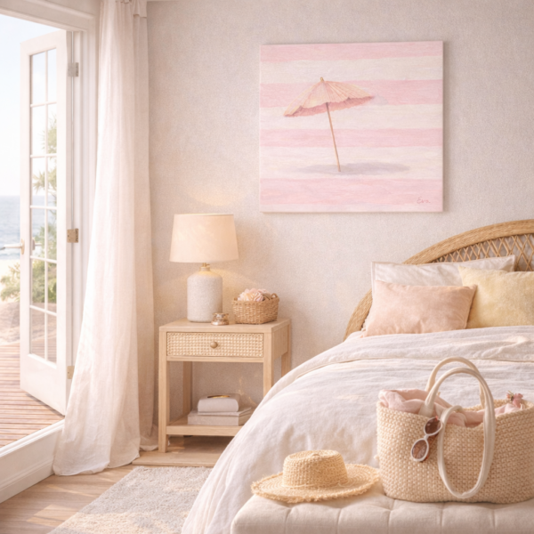 umbrella scene 1 Blush Striped Beach Umbrella Canvas – Minimal Pastel Summer Wall Art for Teen Girls Room - #9E