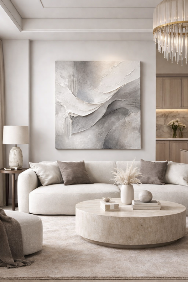 wave 0 Minimalist White and Grey Plaster Wall Art – Modern Textured Neutral Canvas for Luxury Interiors - 32"