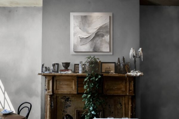 wave (1) Minimalist White and Grey Plaster Wall Art – Modern Textured Neutral Canvas for Luxury Interiors - 32"