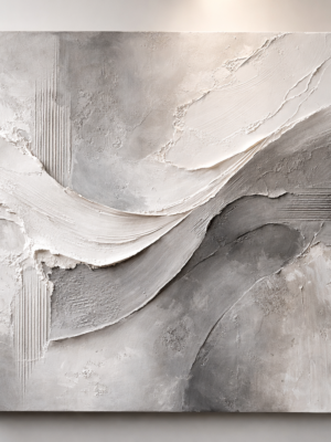 Minimalist white and grey plaster wall art with textured neutral canvas surface in a modern luxury interior setting