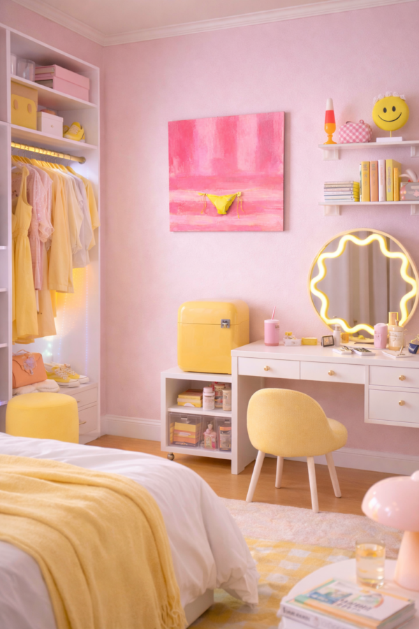 yellow bikini bottom scene 2 Modern Pop Summer Canvas Wall Art – Yellow Bikini on Pink Textured Background - #1E