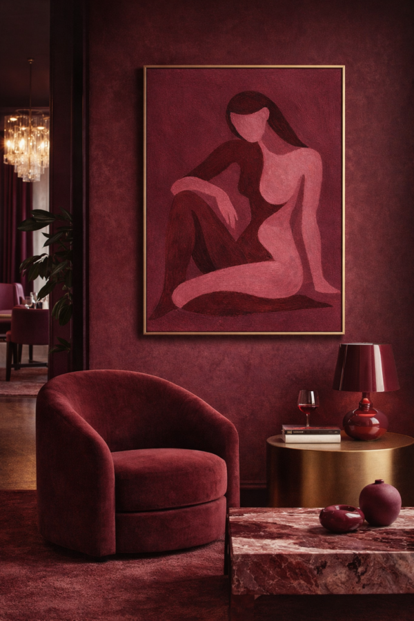 Burgundy again Burgundy Abstract Nude Woman Painting – Modern Feminine Minimalist Canvas Wall Art - #24L