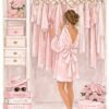luxury pink closet oil painting on canvas featuring a teen girl in a soft pink dressing room wardrobe scene