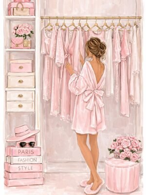 Luxury Pink Closet Oil Painting on Canvas – The Closet Private Dressing Room Collection luxury pink closet oil painting on canvas featuring a teen girl in a soft pink dressing room wardrobe scene