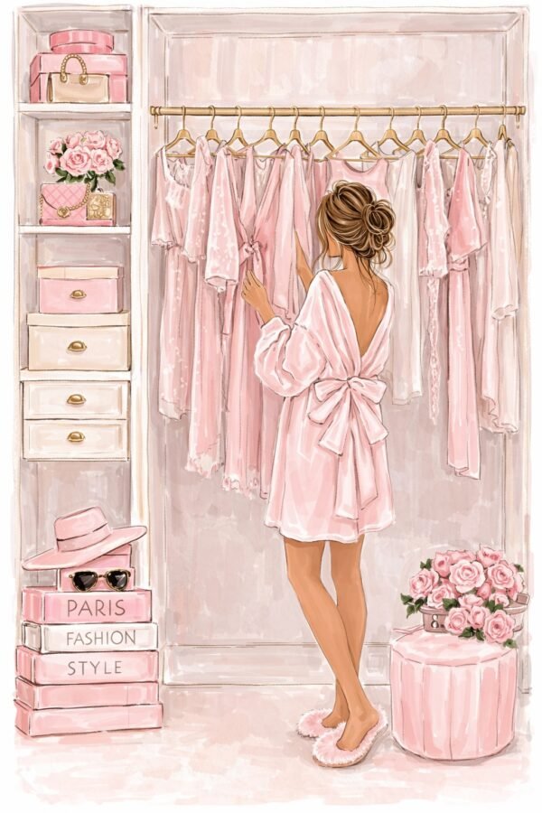 luxury pink closet oil painting on canvas featuring a teen girl in a soft pink dressing room wardrobe scene