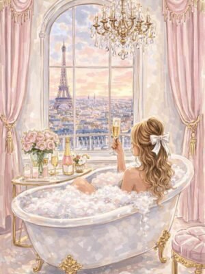 Luxury Pink Bath Oil Painting on Canvas – Teen Girl Bathroom Wall Art Luxury pink bath oil painting on canvas
