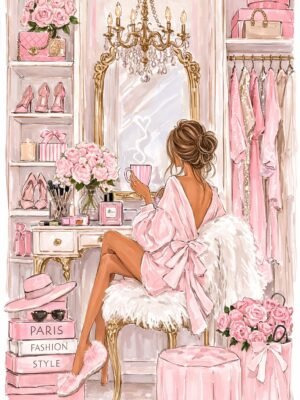 Luxury Pink Vanity Oil Painting on Canvas – Teen Girl Dressing Room Wall Art Luxury pink vanity oil painting on canvas