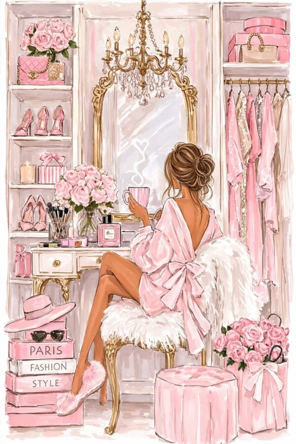 Luxury Pink Vanity Oil Painting on Canvas – Teen Girl Dressing Room Wall Art Luxury pink vanity oil painting on canvas