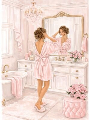 teen girl mirror oil painting on canvas pink aesthetic vanity wall art for bedroom and dressing room decor