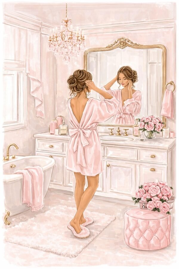 teen girl mirror oil painting on canvas pink aesthetic vanity wall art for bedroom and dressing room decor