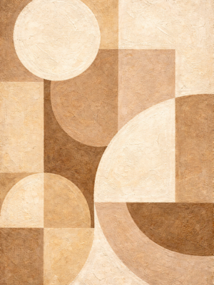 large mid-century geometric canvas with neutral mocha mousse tones and textured modern shapes