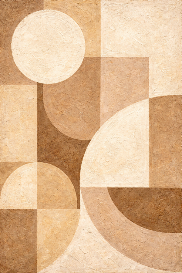 large mid-century geometric canvas with neutral mocha mousse tones and textured modern shapes