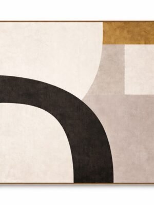 Minimalist neutral arch abstract canvas with beige geometric forms and bold black curved arch contemporary wall art