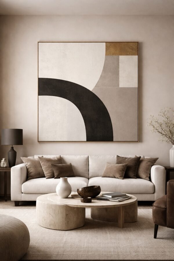 Minimalist Neutral Arch Abstract Canvas – Large Contemporary Beige & Black Wall Art - 9GS