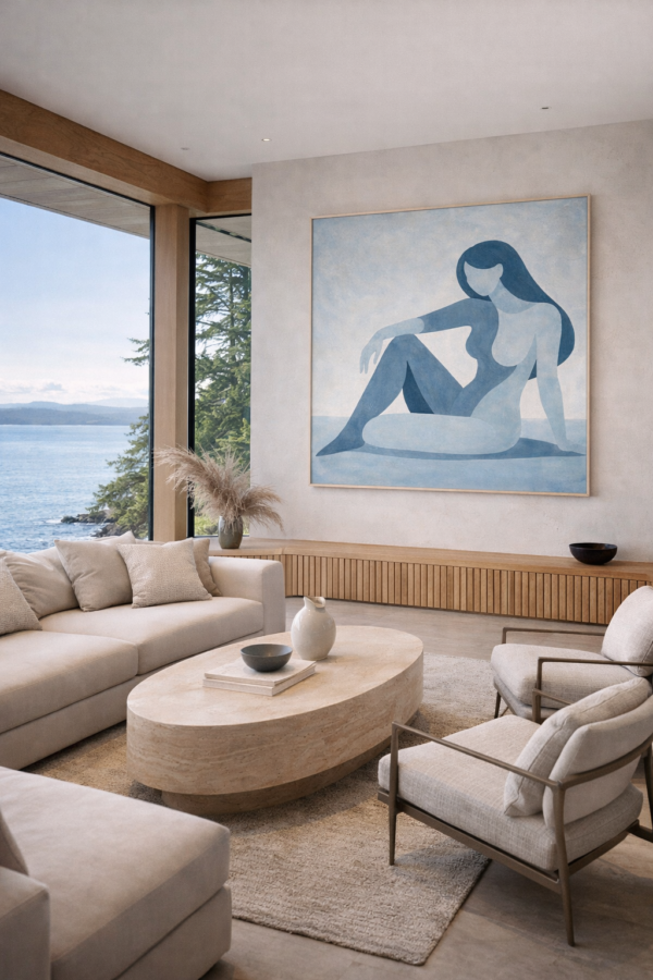 blu 1 scene Blue Minimalist Nude Woman Painting – Modern Abstract Feminine Canvas Wall Art - #27L