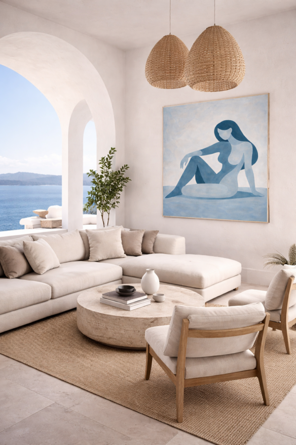 blu 2 scene Blue Minimalist Nude Woman Painting – Modern Abstract Feminine Canvas Wall Art - #27L
