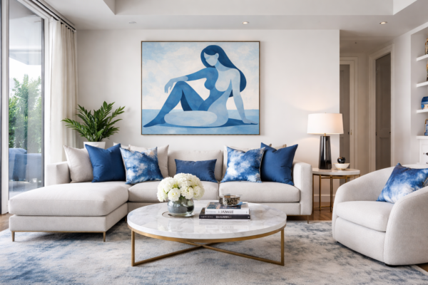 blu 3 scene Blue Minimalist Nude Woman Painting – Modern Abstract Feminine Canvas Wall Art - #27L