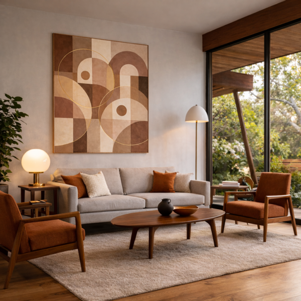 Mid-Century Modern Geometric Neutral Canvas – Abstract Retro Shapes Wall Art - #3GL