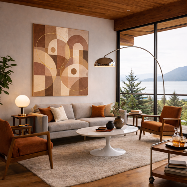 Mid-Century Modern Geometric Neutral Canvas – Abstract Retro Shapes Wall Art - #3GL