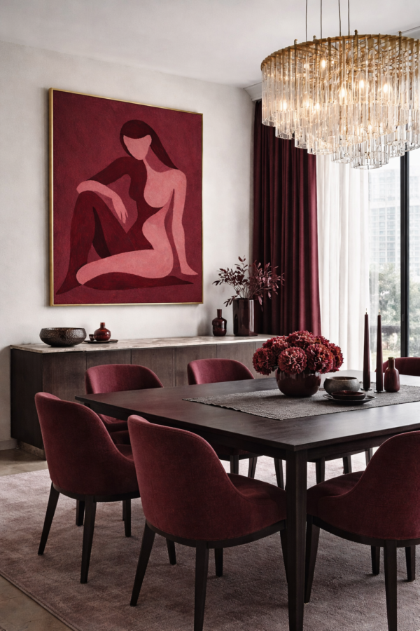 burgundy again 2 Burgundy Abstract Nude Woman Painting – Modern Feminine Minimalist Canvas Wall Art - #24L