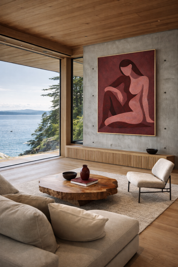 burgundy scene 1 Burgundy Abstract Nude Woman Painting – Modern Feminine Minimalist Canvas Wall Art - #24L