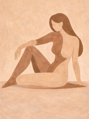 Neutral abstract female figure painting in warm beige tones, modern minimalist feminine canvas wall art