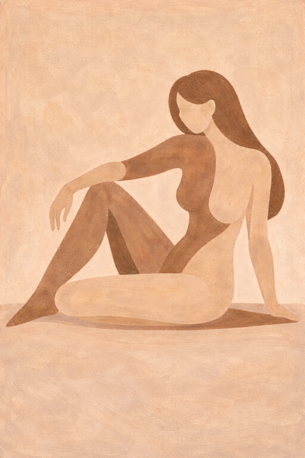 Neutral abstract female figure painting in warm beige tones, modern minimalist feminine canvas wall art