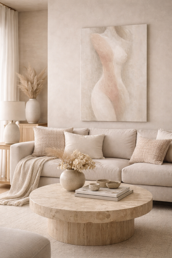 Minimal Abstract Female Figure Painting – Soft Neutral Modern Nude Woman Canvas Wall Art - #25L