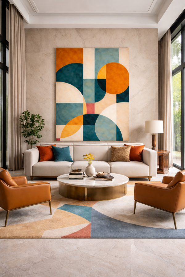 Large Mid-Century Geometric Canvas – Retro Abstract Shapes Wall Art - #5GS