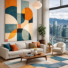 Large Mid-Century Geometric Canvas – Retro Abstract Shapes Wall Art - #5GS