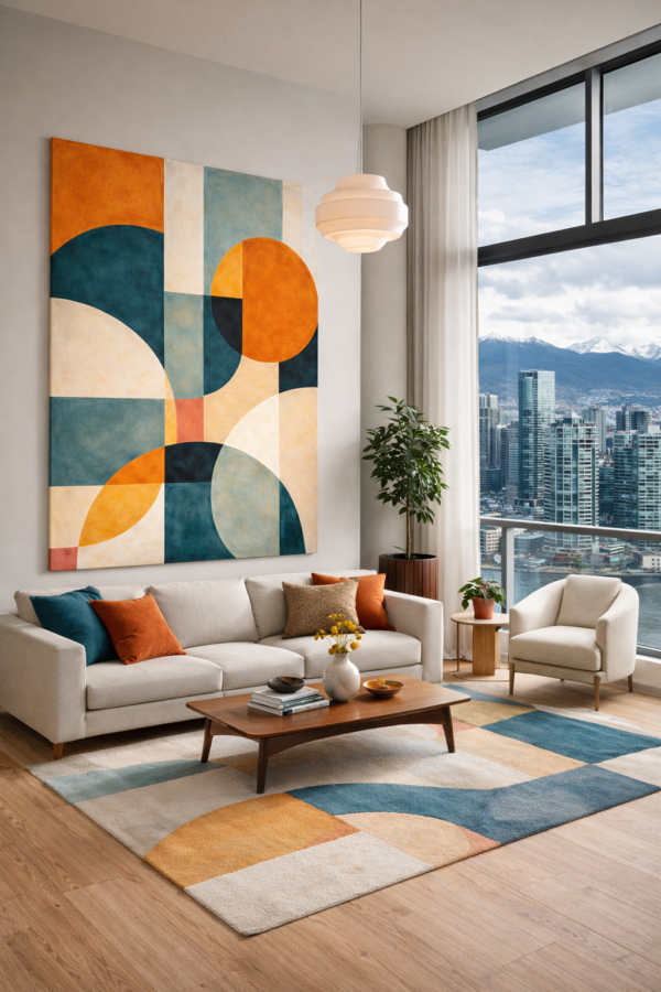 Large Mid-Century Geometric Canvas – Retro Abstract Shapes Wall Art - #5GS