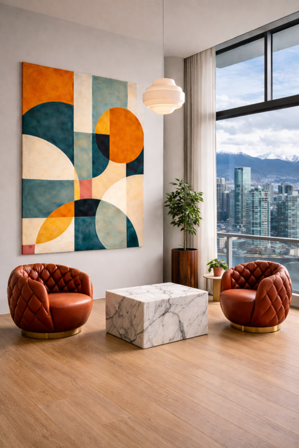Large Mid-Century Geometric Canvas – Retro Abstract Shapes Wall Art - #5GS