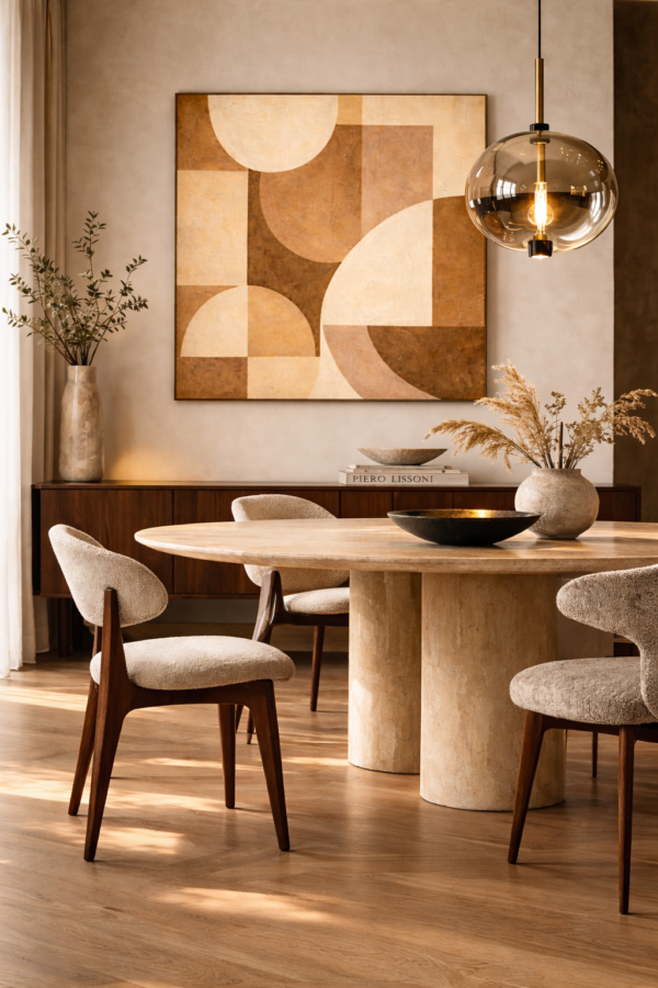 Mid-Century Geometric Canvas – Neutral Mocha Mousse Abstract Wall Art - #4GL