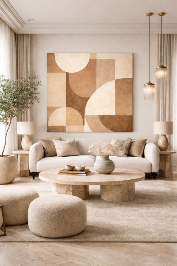 Mid-Century Geometric Canvas – Neutral Mocha Mousse Abstract Wall Art - #4GL
