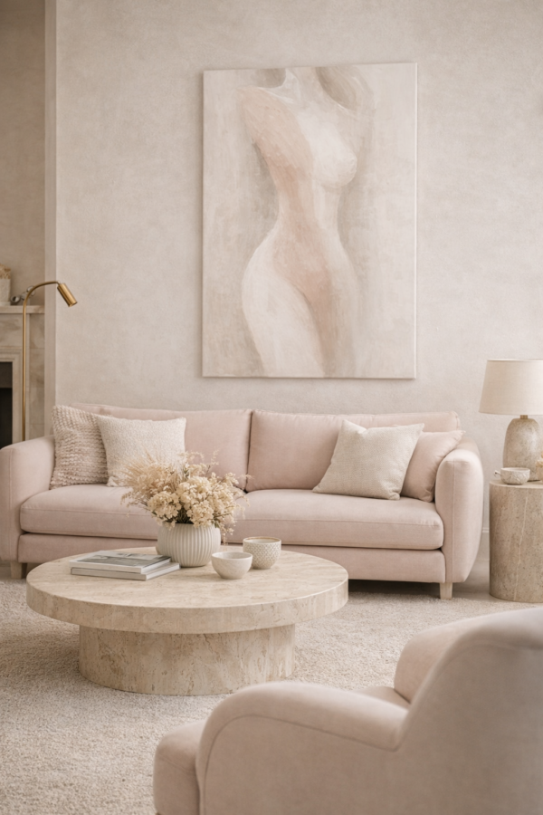 Minimal Abstract Female Figure Painting – Soft Neutral Modern Nude Woman Canvas Wall Art - #25L