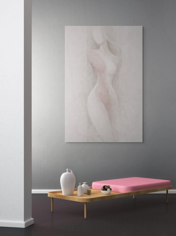 Minimal Abstract Female Figure Painting – Soft Neutral Modern Nude Woman Canvas Wall Art - #25L