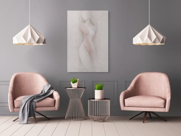 Minimal Abstract Female Figure Painting – Soft Neutral Modern Nude Woman Canvas Wall Art - #25L