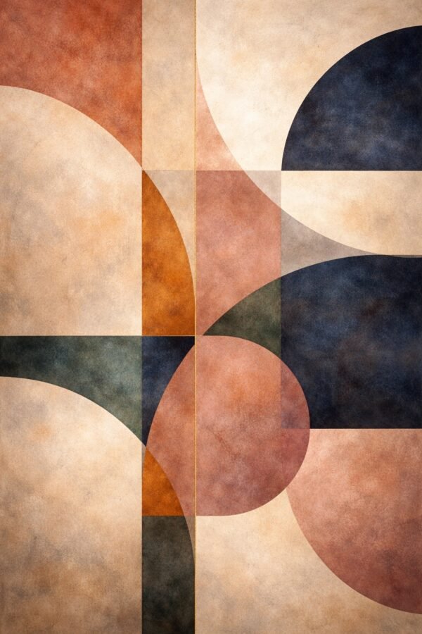 Contemporary geometric canvas art in terracotta and deep blue tones on contemporary canvas for modern interiors