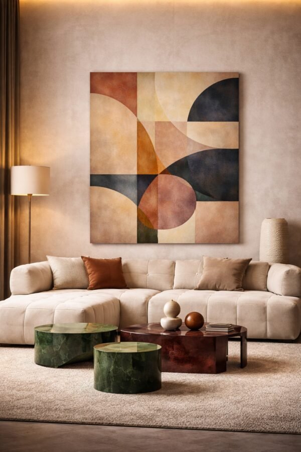 Contemporary Geometric Canvas Art – Warm Terracotta & Deep Blue Abstract Statement Painting for Modern Interiors - #10GS