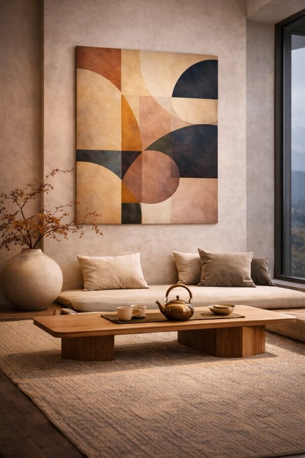 Contemporary Geometric Canvas Art – Warm Terracotta & Deep Blue Abstract Statement Painting for Modern Interiors - #10GS