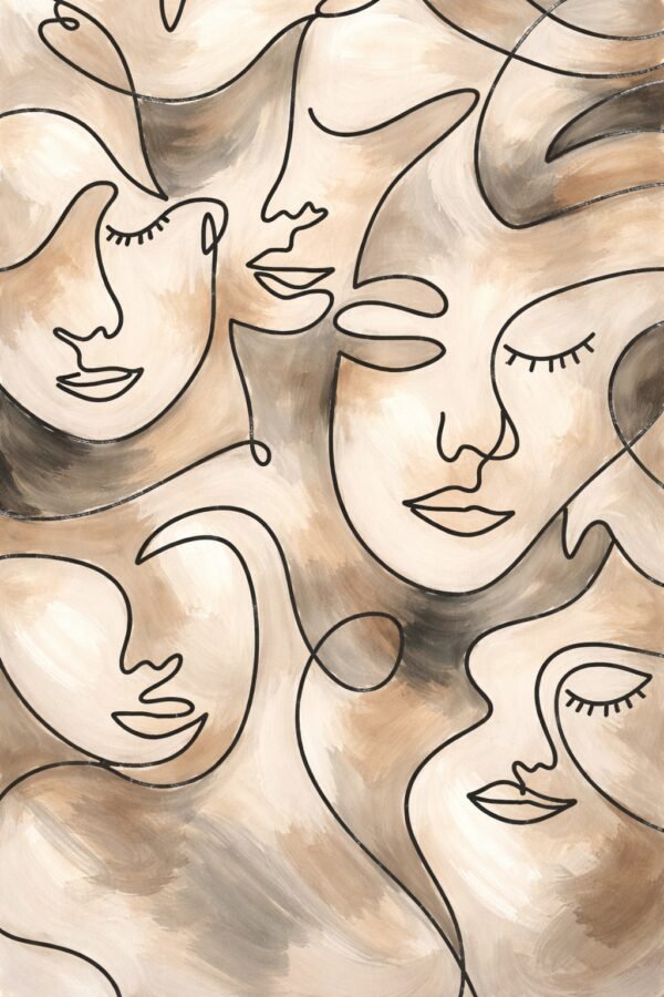 Large Neutral Abstract Faces Painting – Minimalist Beige Line Art Canvas for Modern Luxury Interiors - 48"