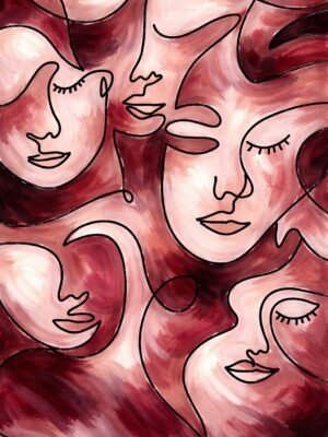 Large Burgundy Abstract Faces Painting with modern feminine style, perfect for elegant and luxurious interiors.