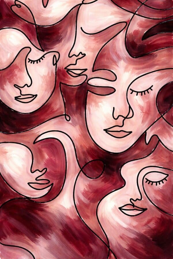 Large Burgundy Abstract Faces Painting with modern feminine style, perfect for elegant and luxurious interiors.