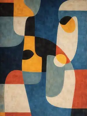 Mid-Century Abstract Painting Blue & Orange Geometric Composition Large mid-century abstract painting blue & orange geometric shapes, modern wall art for living room interior