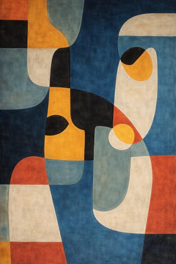 Large mid-century abstract painting blue & orange geometric shapes, modern wall art for living room interior