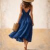 Large blue dress summer woman painting featuring a woman in a flowing blue dress and hat walking in a soft coastal-inspired scene.